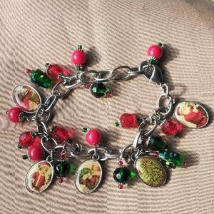 Victorian Style Christmas Holiday Charm Bracelet Santa 9" Glass Beads SilverTone